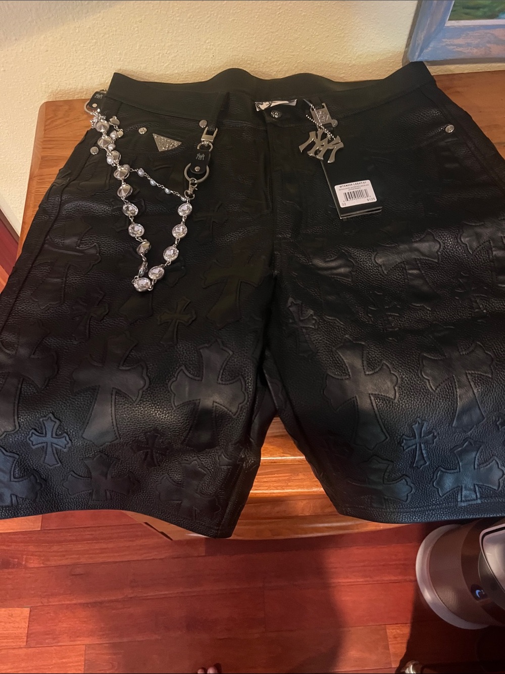 Black Embossed Cross Leather Shorts - Unbranded